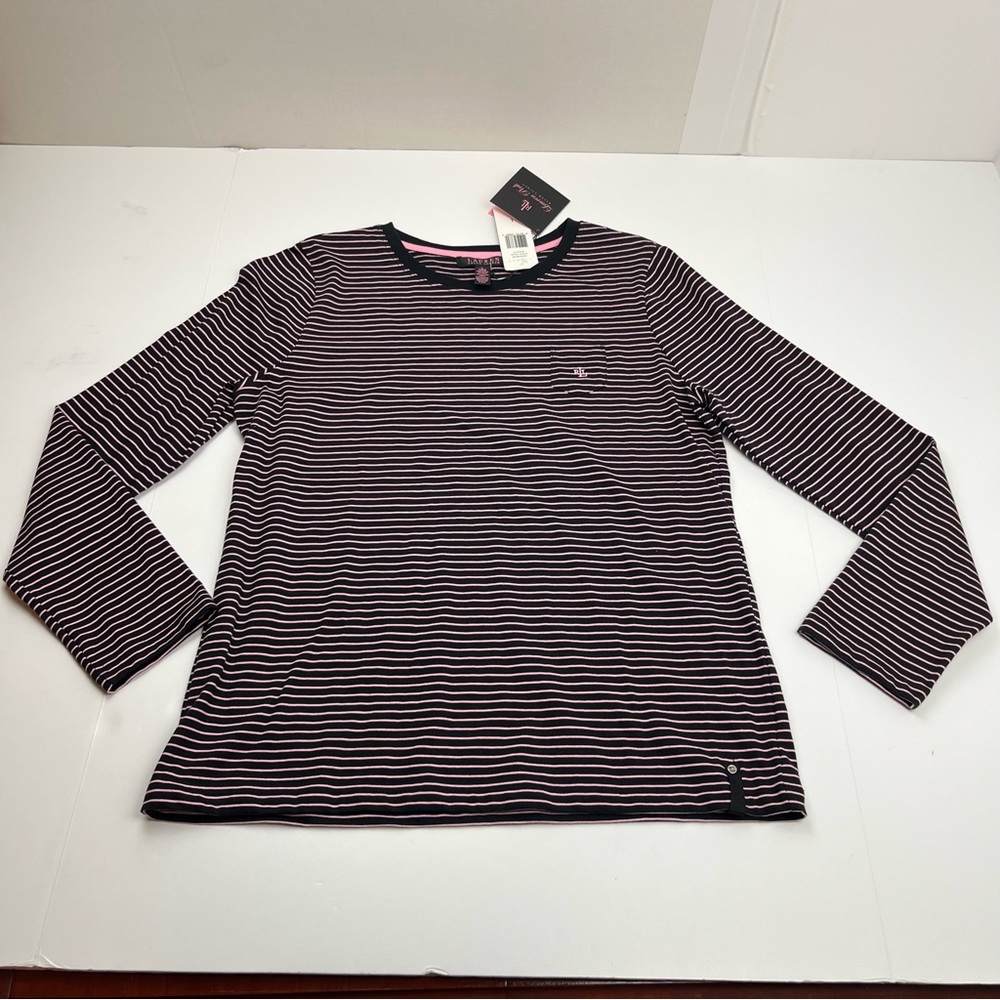 Lauren Ralph Lauren Pink Black Striped Long Sleeve Pocket Shirt Womens Large NEW